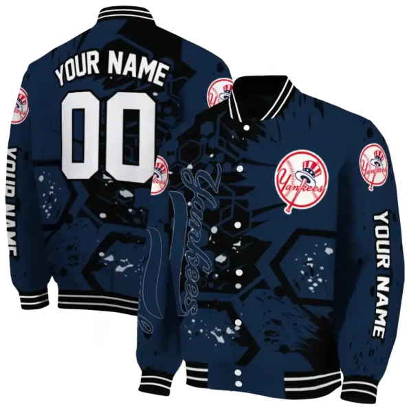 personalized new york yankees hexagon cluster navy black varsity jacket fashion forward