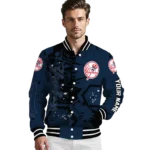 personalized new york yankees hexagon cluster navy black varsity jacket best selling