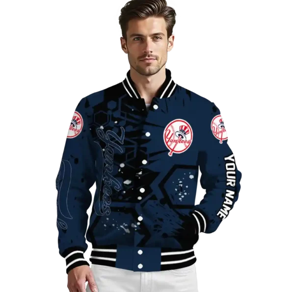 personalized new york yankees hexagon cluster navy black varsity jacket high quality