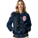 personalized new york yankees hexagon cluster navy black varsity jacket best selling