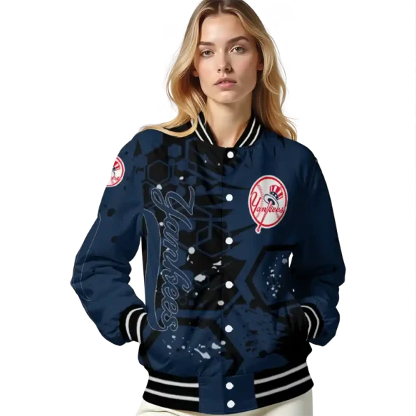 personalized new york yankees hexagon cluster navy black varsity jacket latest model