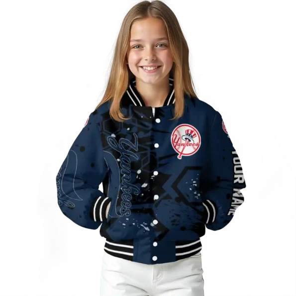 personalized new york yankees hexagon cluster navy black varsity jacket top rated