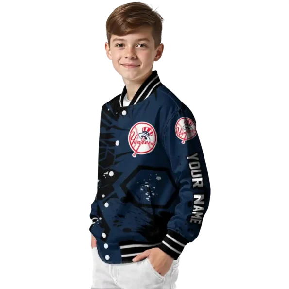 personalized new york yankees hexagon cluster navy black varsity jacket trendy