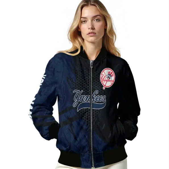 personalized new york yankees hexagon mesh navy black bomber jacket latest model