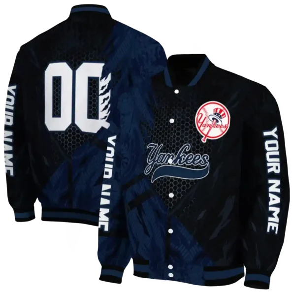 personalized new york yankees hexagon mesh navy black varsity jacket fashion forward