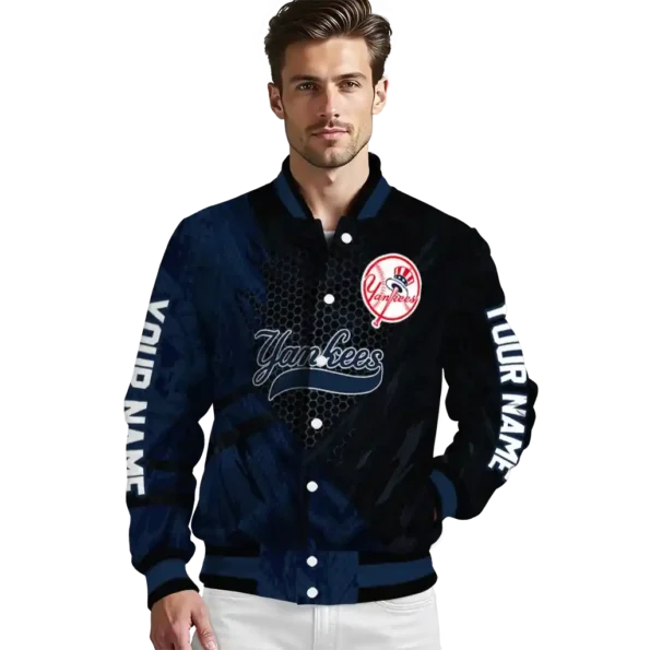 personalized new york yankees hexagon mesh navy black varsity jacket high quality