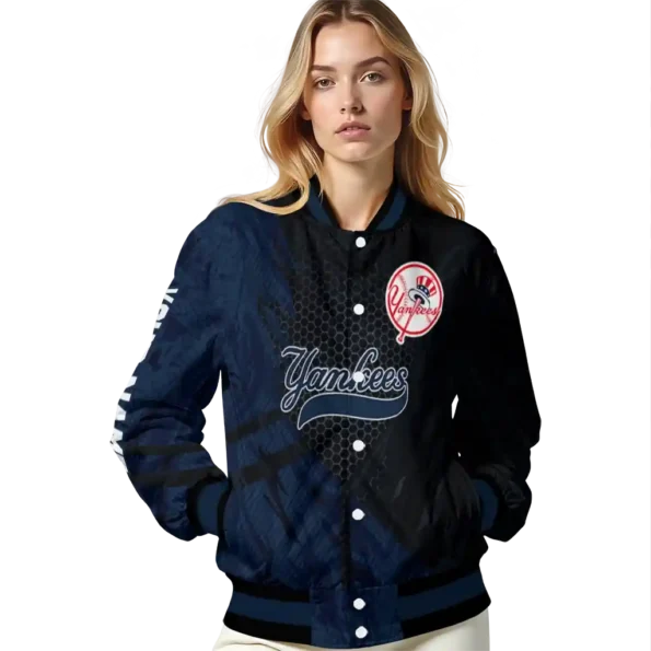 personalized new york yankees hexagon mesh navy black varsity jacket latest model