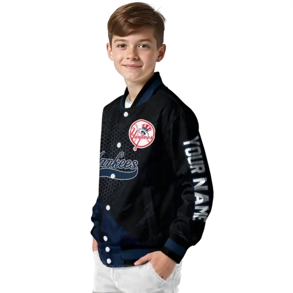 personalized new york yankees hexagon mesh navy black varsity jacket trendy