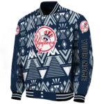 personalized new york yankees pyramid shapes navy varsity jacket best selling