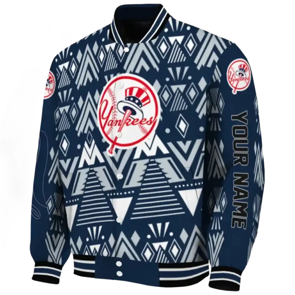 personalized new york yankees pyramid shapes navy varsity jacket best selling