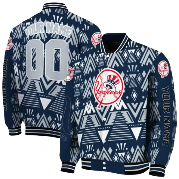 personalized new york yankees pyramid shapes navy varsity jacket fashion forward