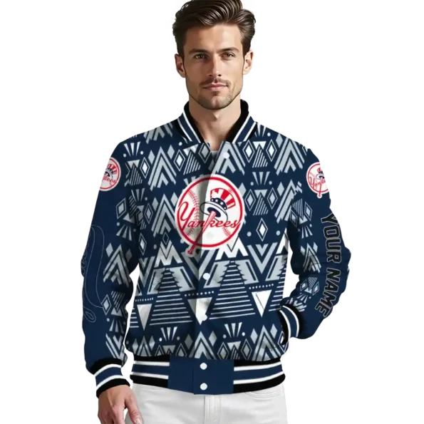 personalized new york yankees pyramid shapes navy varsity jacket high quality