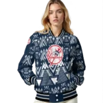 personalized new york yankees pyramid shapes navy varsity jacket best selling