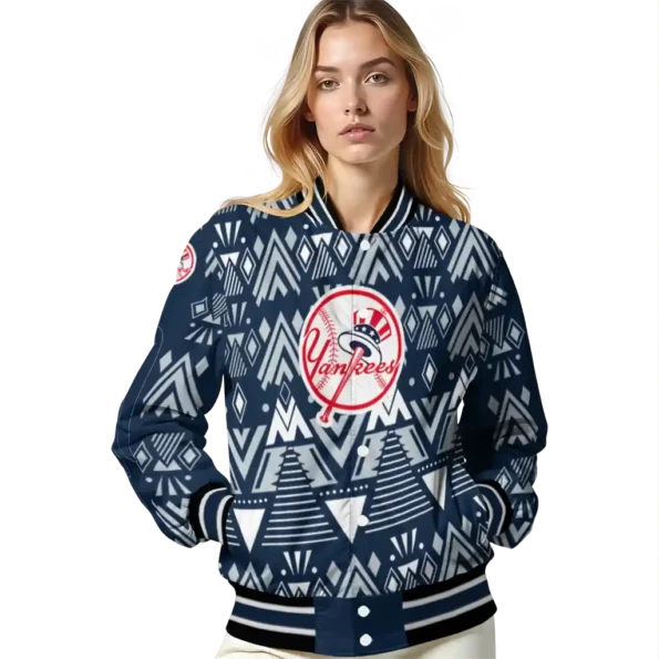 personalized new york yankees pyramid shapes navy varsity jacket latest model