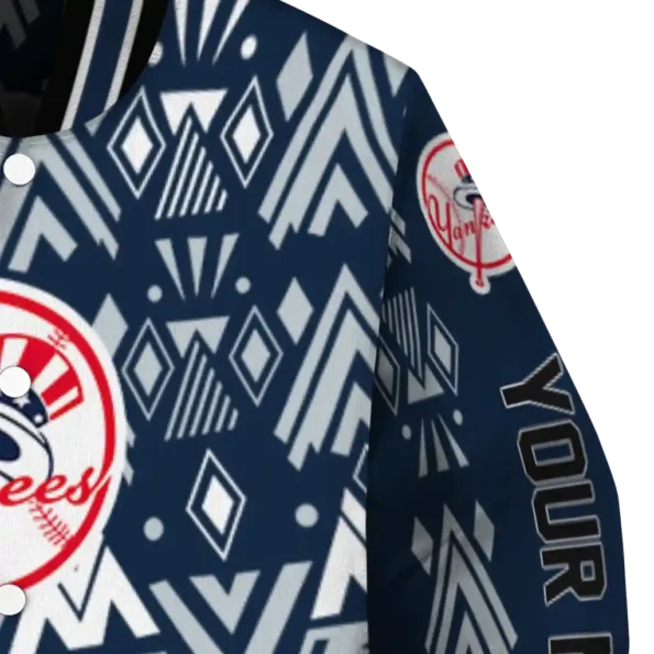 personalized new york yankees pyramid shapes navy varsity jacket premium grade