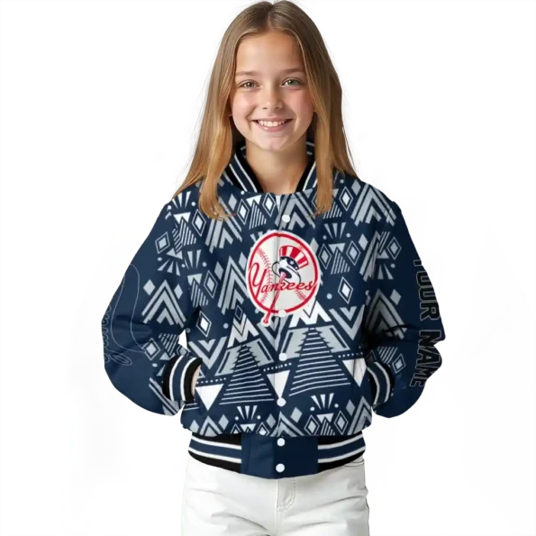 personalized new york yankees pyramid shapes navy varsity jacket top rated