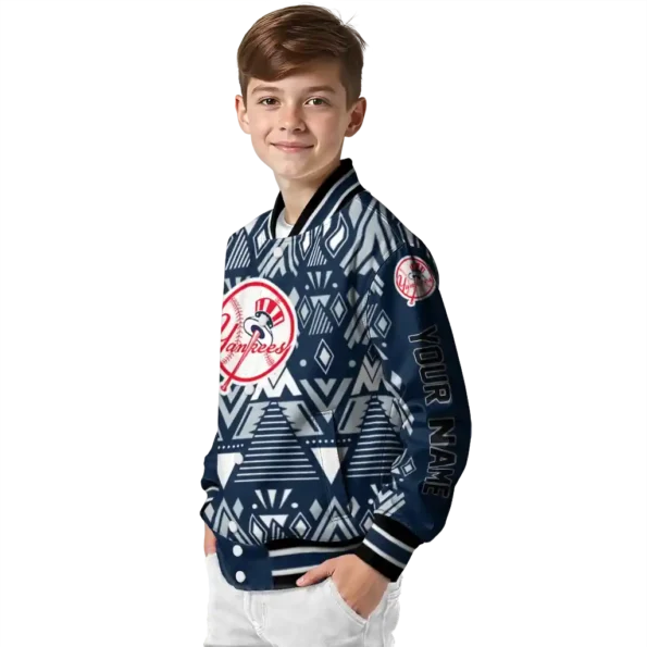 personalized new york yankees pyramid shapes navy varsity jacket trendy