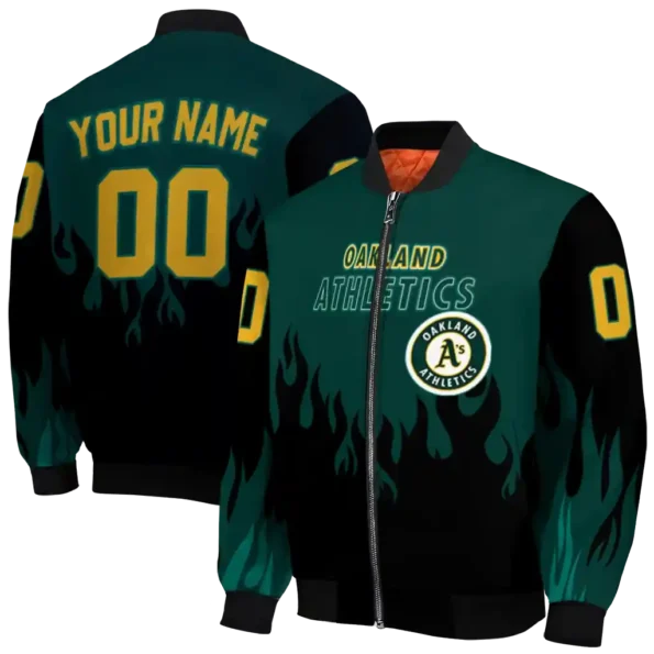personalized oakland athletics flame border green black bomber jacket fashion forward