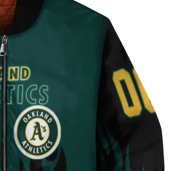 personalized oakland athletics flame border green black bomber jacket premium grade