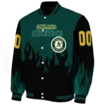 personalized oakland athletics flame border green black varsity jacket best selling