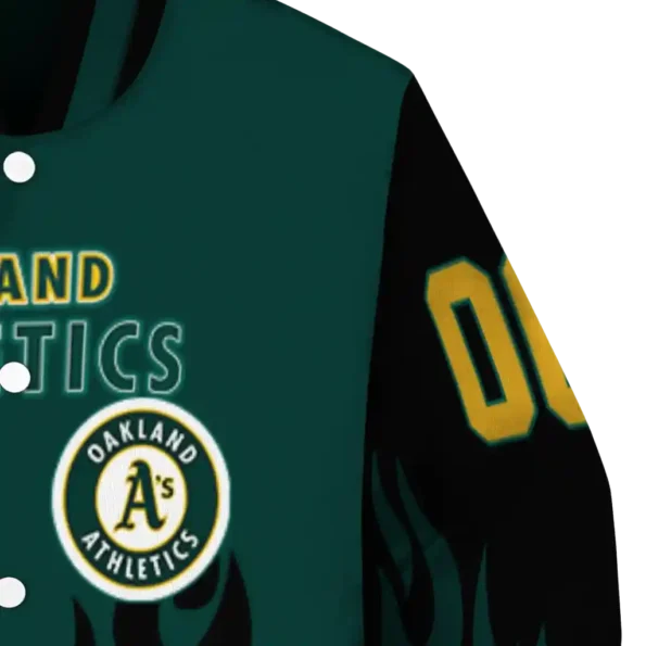 personalized oakland athletics flame border green black varsity jacket premium grade