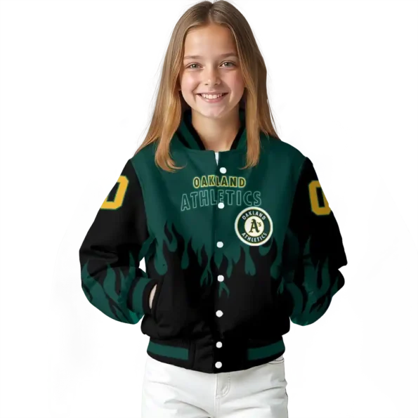 personalized oakland athletics flame border green black varsity jacket top rated