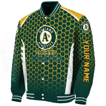 personalized oakland athletics hexagon grid green varsity jacket best selling