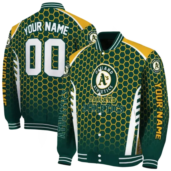 personalized oakland athletics hexagon grid green varsity jacket fashion forward