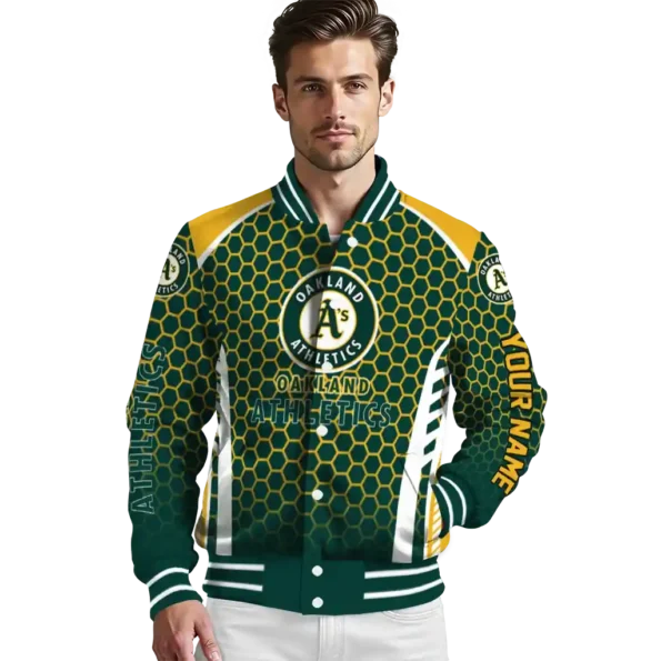 personalized oakland athletics hexagon grid green varsity jacket high quality