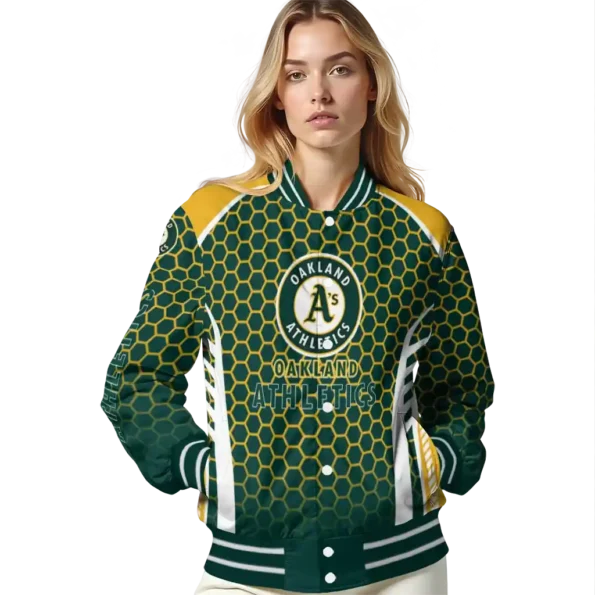 personalized oakland athletics hexagon grid green varsity jacket latest model