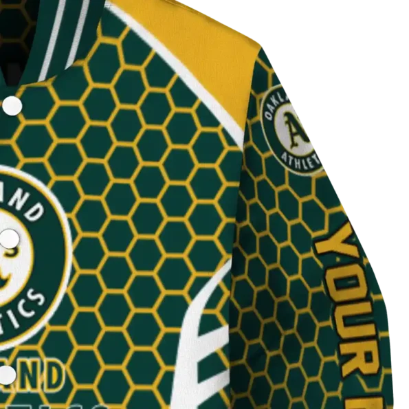 personalized oakland athletics hexagon grid green varsity jacket premium grade