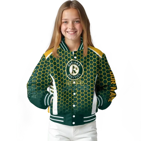 personalized oakland athletics hexagon grid green varsity jacket top rated