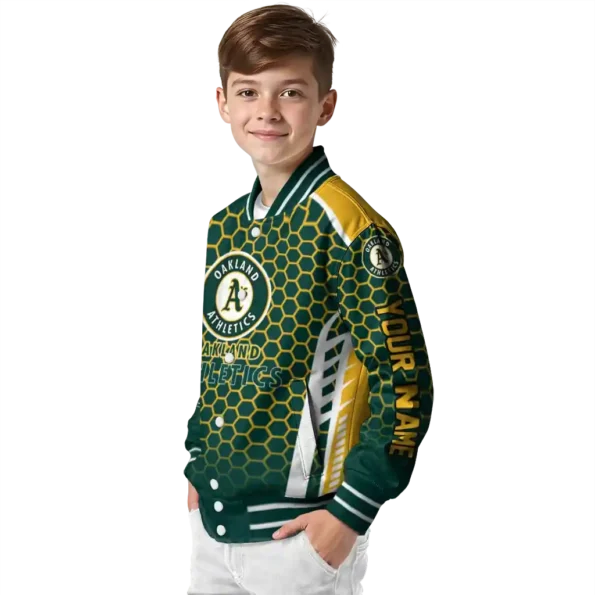 personalized oakland athletics hexagon grid green varsity jacket trendy