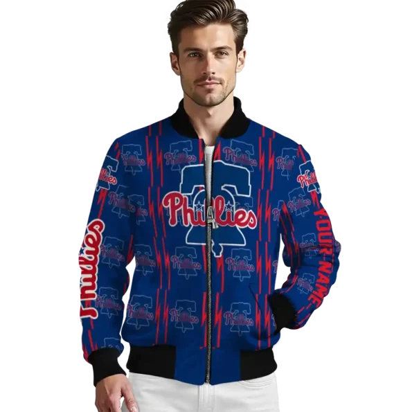 personalized philadelphia phillies bolt stripe blue bomber jacket high quality