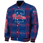 personalized philadelphia phillies bolt stripe blue varsity jacket best selling