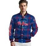personalized philadelphia phillies bolt stripe blue varsity jacket best selling