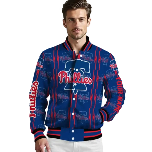 personalized philadelphia phillies bolt stripe blue varsity jacket high quality