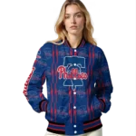 personalized philadelphia phillies bolt stripe blue varsity jacket best selling