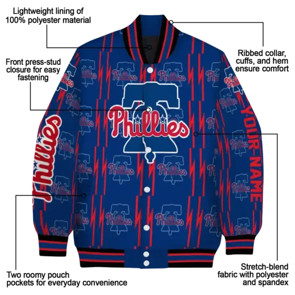 personalized philadelphia phillies bolt stripe blue varsity jacket new arrival