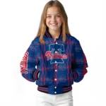 personalized philadelphia phillies bolt stripe blue varsity jacket best selling