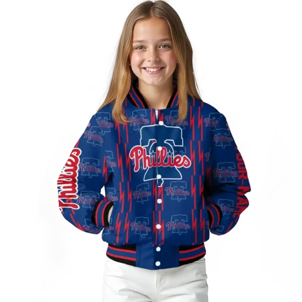 personalized philadelphia phillies bolt stripe blue varsity jacket top rated