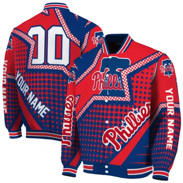 personalized philadelphia phillies star burst blue varsity jacket fashion forward