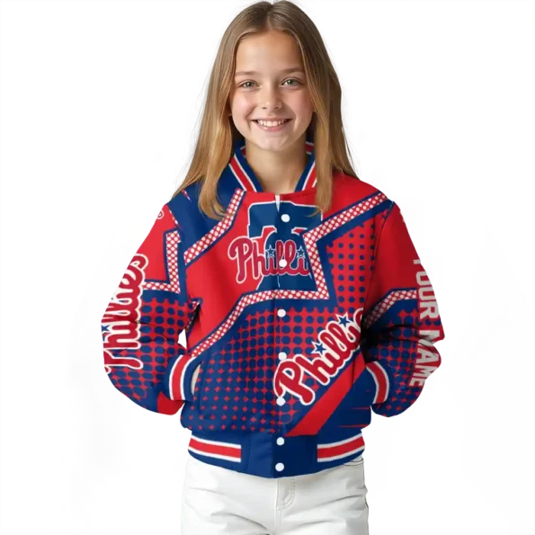 personalized philadelphia phillies star burst blue varsity jacket top rated