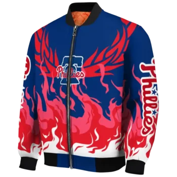 personalized philadelphia phillies winged blaze blue white bomber jacket best selling