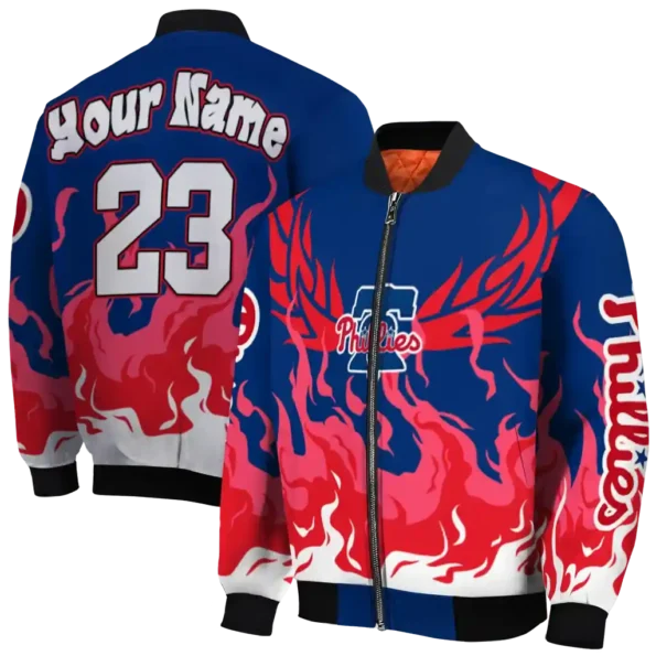 personalized philadelphia phillies winged blaze blue white bomber jacket fashion forward