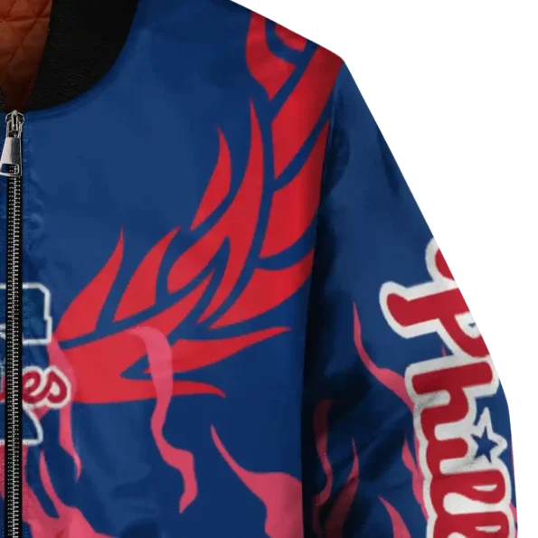 personalized philadelphia phillies winged blaze blue white bomber jacket premium grade