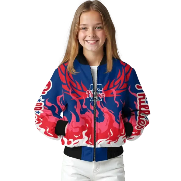 personalized philadelphia phillies winged blaze blue white bomber jacket top rated
