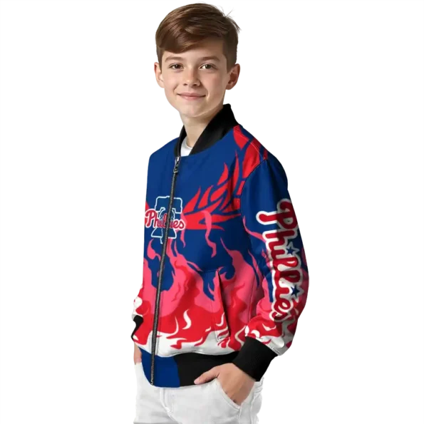 personalized philadelphia phillies winged blaze blue white bomber jacket trendy