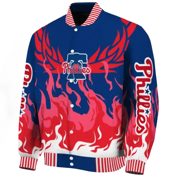 personalized philadelphia phillies winged blaze blue white varsity jacket best selling