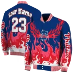 personalized philadelphia phillies winged blaze blue white varsity jacket best selling
